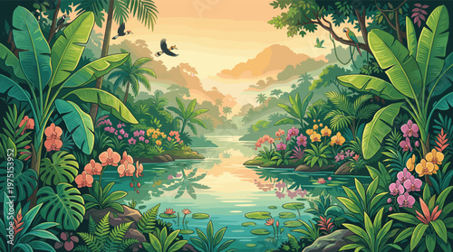 A vibrant illustration of a tropical jungle paradise. A serene river flows through lush foliage, orchids, and exotic birds. Ideal for travel, nature, or background designs.