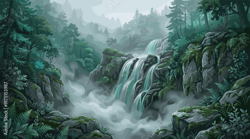Vector illustration of a waterfall in a misty, lush green forest. This serene and atmospheric landscape is ideal for travel, fantasy, or wellness themed backgrounds.