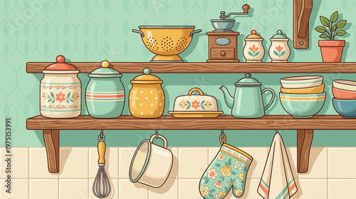 A charming illustration of a retro kitchen with wooden shelves full of vintage cookware and utensils. A cozy, nostalgic scene perfect for cooking or home decor themes.