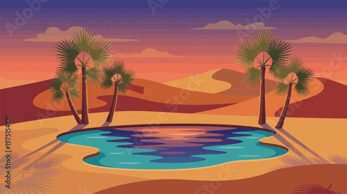 A tranquil desert oasis with palm trees and a reflective pond at sunset. This serene vector landscape is ideal for travel, tourism, nature, or relaxation concepts.