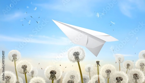 A white paper airplane soars through a bright blue sky, amidst fluffy white dandelion seeds