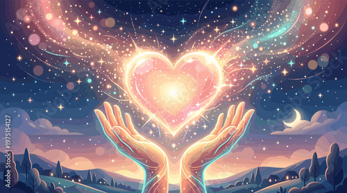 A magical illustration of hands holding a glowing heart under a starry sky. This image evokes feelings of love, hope, and spiritual connection. Perfect for wellness or charity themes.