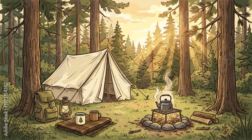 A cozy, hand-drawn illustration of a campsite in a sunlit forest. Features a tent, campfire, and coffee. Perfect for adventure, travel, and outdoor lifestyle themes.