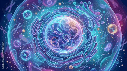 Vibrant illustration of a eukaryotic cell cross-section. Shows nucleus, chromosomes, mitochondria. Ideal for science, biology, medical, and technology concepts. Abstract and futuristic.