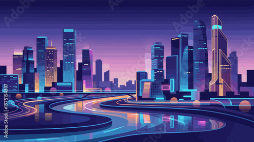 A vibrant vector illustration of a futuristic city skyline at night. Neon lights from skyscrapers reflect in a winding river. Perfect for tech, gaming, or modern design themes.