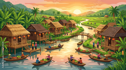 Vibrant vector illustration of a traditional Southeast Asian village with a floating market at sunset. People in boats sell produce along the river. Ideal for travel or culture.