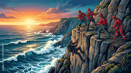 A dramatic illustration of a rescue team saving a climber on a sea cliff at sunset. Conveys teamwork, heroism, and support. Ideal for adventure or safety concepts.