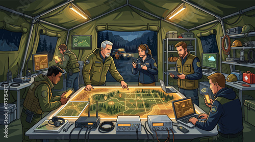 Strategic planning illustration. A diverse team coordinates an emergency response mission from a field command tent during a storm at night.