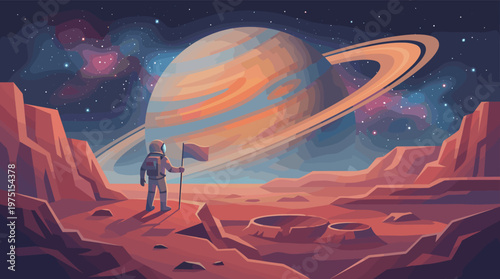 Vector illustration of an astronaut on a red alien planet holding a flag. In the background, a giant ringed planet and nebula. Concept of exploration, future, and discovery.