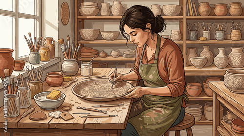 Illustration of a female potter creating intricate designs on earthenware. A cozy studio scene representing creativity, small business, and traditional craftsmanship.