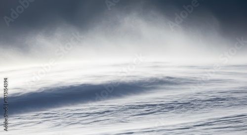 Intense blizzard sweeping across a desolate landscape, featuring heavy blowing snow, frigid temperatures, and dangerously low visibility under a gray sky, extreme, texture, storm