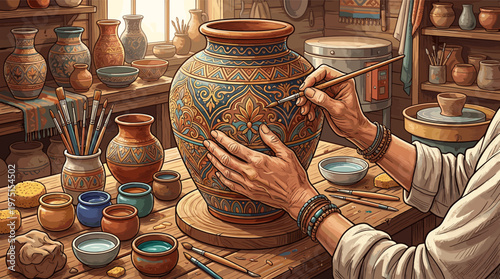 An artist's hands carefully painting an intricate pattern on a clay vase in a rustic studio. Concept for craftsmanship, handmade art, creativity, tradition, and hobby.