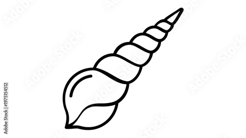 Minimalist spiral seashell vector icon illustration. Clean black line art drawing of a conch or auger shell, perfect for nautical maritime designs, beach themes, summer ocean graphics, and logos.