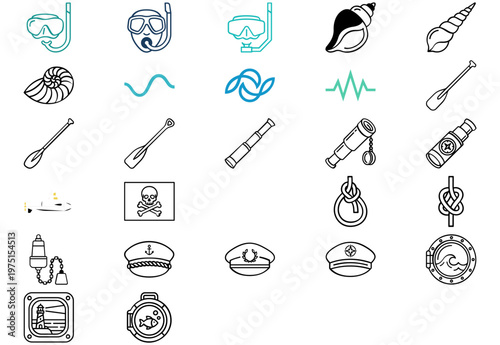 Mega Vector Icon Set Collection Bundle of 27 Nautical Maritime Symbols: Minimalist Line Art of Seashells, Diving Gear, Waves, Compass, Oars, Spyglass, Pirate Flag, Submarine, Knots, Trident, Porthole.