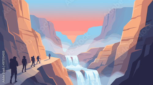 Vector illustration of hikers on a mountain trail overlooking a scenic canyon with a waterfall at sunset. Inspiring concept of adventure, travel, and exploration.