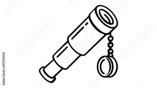 Handheld nautical telescope spyglass vector icon illustration. Minimalist black line art of a maritime optical instrument with a lens cap on a chain, perfect for sea exploration and travel themes.