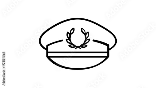 Nautical Captain Peaked Cap Vector Icon Illustration, Minimalist Black Line Art Design of Maritime Officer Hat with Laurel Wreath Emblem, Scalable Flat Graphic for Navy, Pilot, and Sea Themes.