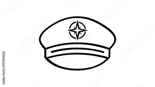 Nautical Captain's Hat Vector Icon, Peaked Cap with Compass Star Emblem Illustration, Minimalist Flat Line Art for Sailor, Pilot, or Navy Officer Uniform, Scalable AI-generated Graphic Element.