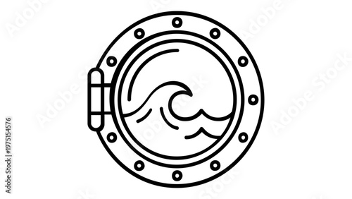 Nautical ship porthole vector icon featuring a stylized ocean wave inside. Minimalist black line art illustration of a maritime window for boat, yacht, or submarine design. Scalable AI-generated.