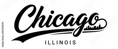 Chicago, Illinois is stylishly represented in a classic black and white design. USA city vector badge – flat style design emblem label sticker, transparent background