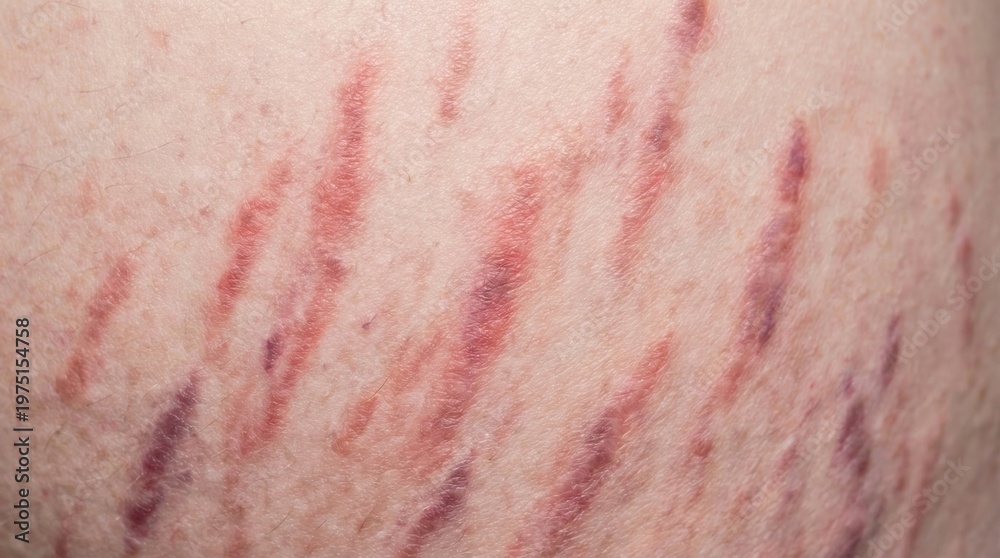 Fototapeta premium Extreme close up of red and purple stretch marks on human skin. Represents physical changes during pregnancy or growth. Useful for medical, dermatological, or body positivity content.