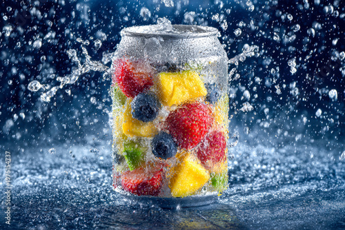 Silver can filled with colorful fresh fruit pieces splashing with water droplets against a dark blue background for refreshing summer drink concept