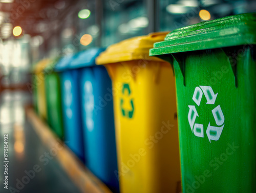 Brightly colored recycling bins lined up indoors with varying shades of green, yellow, and blue featuring recycling symbols for waste sorting and sustainability effo