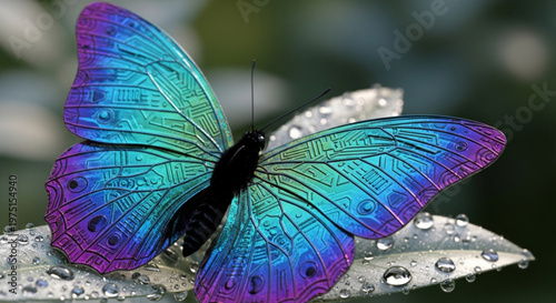 Vibrant Blue Purple Butterfly Resting on Dewy Green Leaf Macro Shot