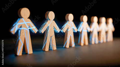Abstract wooden human figures arranged in a line with glowing blue geometric patterns, emphasizing connection and digital network concepts against a dark background