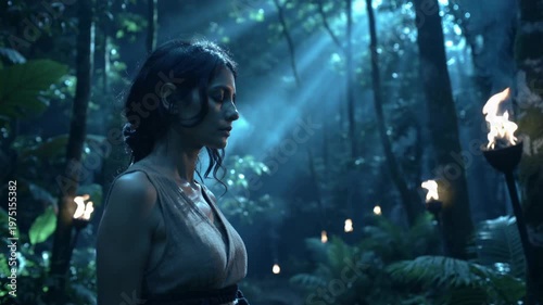 A woman stands in a misty jungle, surrounded by torches and lush greenery, exuding a sense of mystery and adventure.