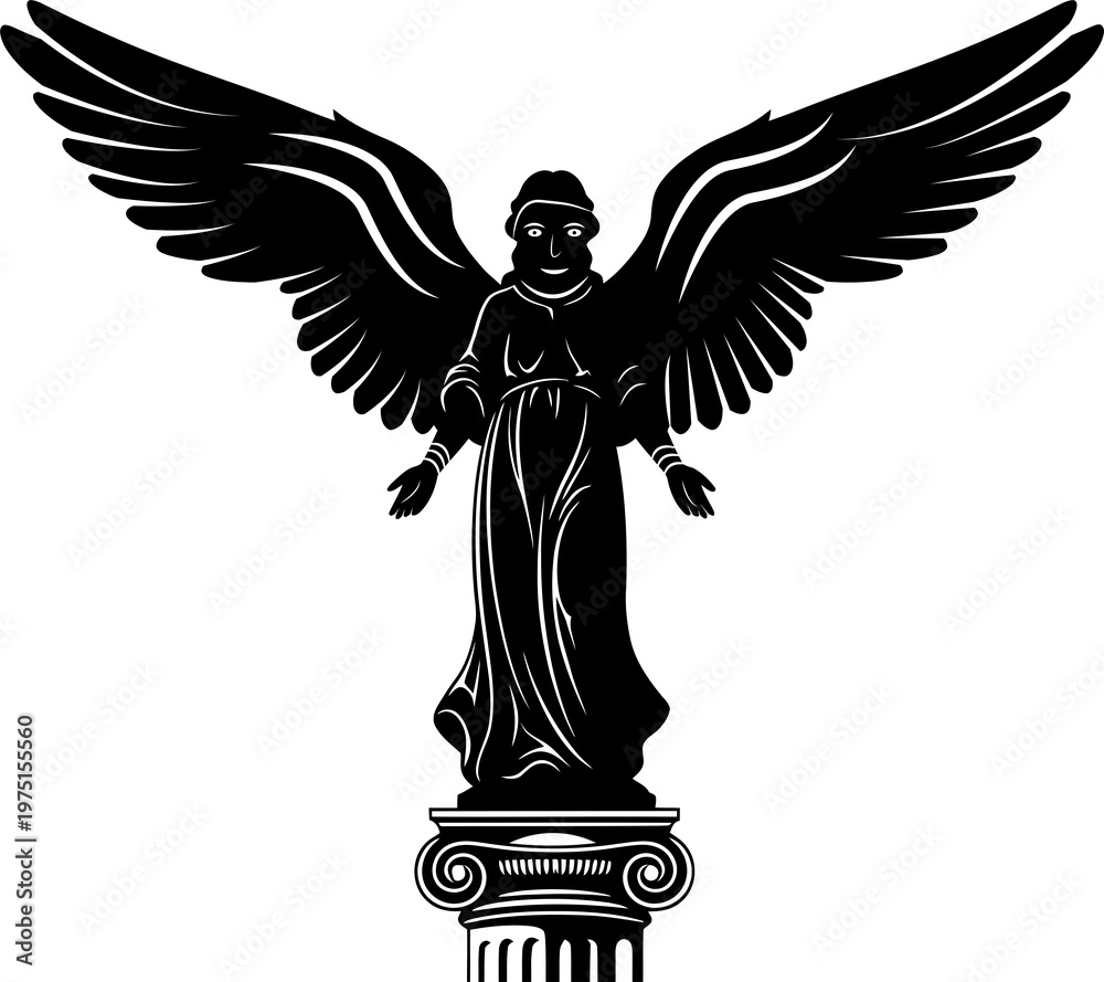 Fototapeta premium Black and white vector illustration of an angel silhouette with wings on a column