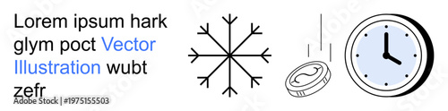 Winter , time management, financial planning, cold weather, punctuality, and design concepts. A snowflake, coin clock and text design. Winter themes and time management visually