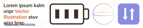 Energy usage, battery technology, data exchange, power systems, charging efficiency, digital symbols. Battery with bars, sphere split with a dashed line arrows in a box. Energy usage and battery