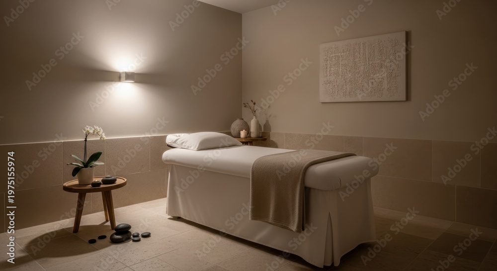 Fototapeta premium Serene spa treatment room with massage table soft lighting and decor