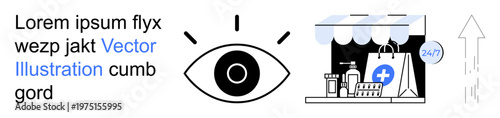 Online shopping, health services, pharmacy access, 247 stores, convenience, customer care. Eye symbol, pharmacy items shopping bag and store. Health services and pharmacy access visual concepts