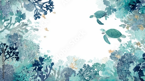 Watercolor Coral Reef Frame with Sea Turtles and White Copy Space
