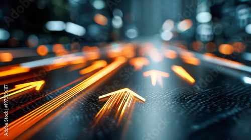 Futuristic digital arrows glowing with vibrant orange light moving forward on a sleek dark surface symbolizing progress and innovation in technology
