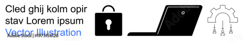 Cybersecurity, data protection, system management, technology upgrades, digital security, software development. A lock, laptop and gear symbol in vector format. Cybersecurity and data protection