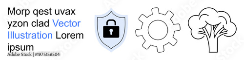 Cybersecurity, environmental conservation, digital tools, technological innovation, eco-friendly practices, secure solutions. Shield with lock, gear tree. Cybersecurity and environmental concepts