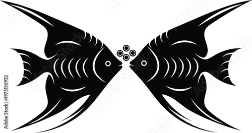 Black and white silhouette vector illustration of two angelfish swimming for aquatic nature design