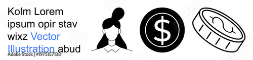 Business, economy, finance, currency, identity investment. Womans profile dollar sign coin icon. Finance and identity with a minimalist style. Line metaphor. Simple line icons
