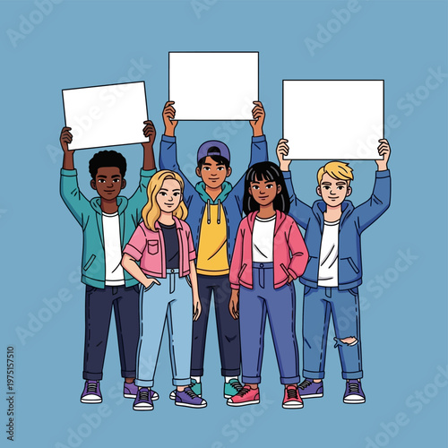 Diverse group holding signs.