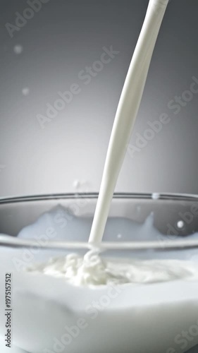 A fresh stream of white liquid pours into a clear glass bowl creating dynamic splashes and ripples on a neutral gray background