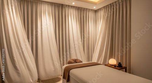 Spa treatment room interior with massage table and curtains open