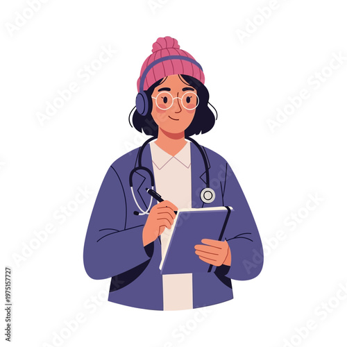 Female Doctor Wearing Beanie.