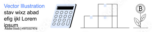 Financial planning, logistics, cryptocurrency, investment, blockchain, monetary growth. A calculator, stacked boxes and a Bitcoin coin sprouting on a plant. Financial planning and logistics