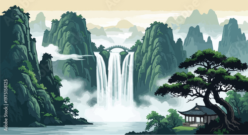 A beautiful tropical mountain landscape with green trees and rocks featuring a flowing river stream and a cascading waterfall under a clear summer sky japan art