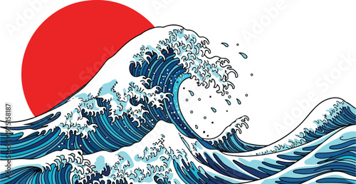 A festive holiday vector illustration features red and blue fish swimming through ocean waves and winter floral patterns to create a decorative Christmas card design japan