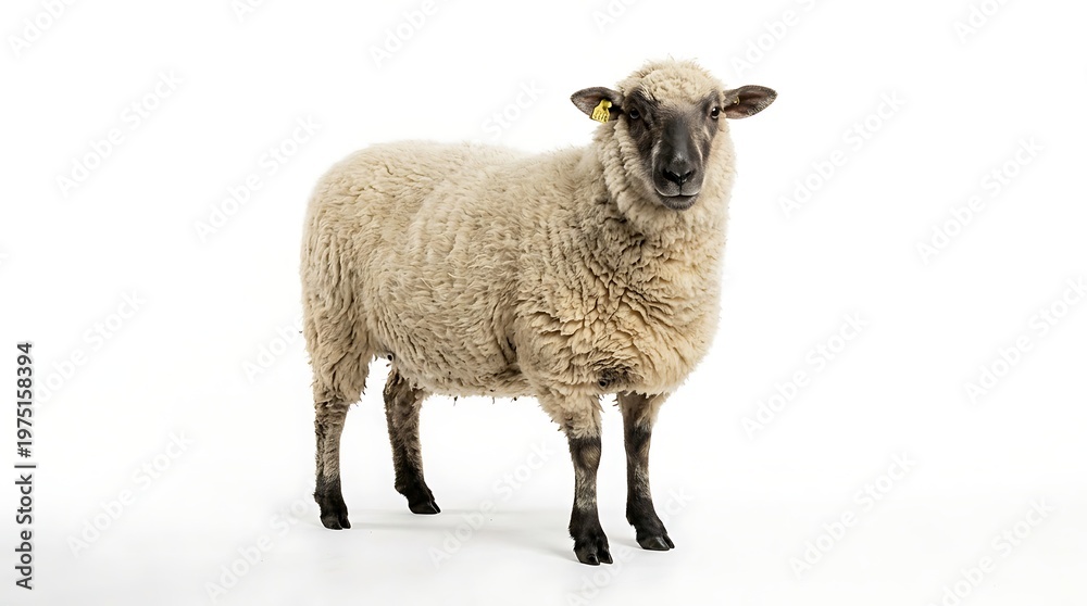 Fototapeta premium Isolated sheep stands against a clean white background