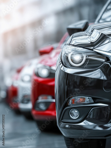 Sleek shiny cars lined up in a row with modern headlights and reflective surfaces ready for sale or display in an urban outdoor setting